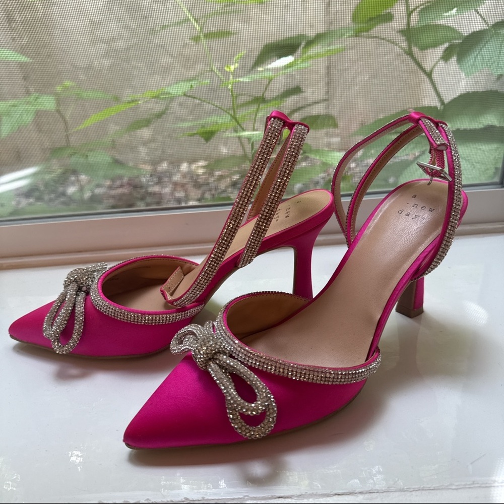 Target Pink Satin Heels with Silver Accents